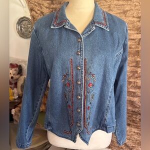 Vintage Stonebridge Petites 14P Floral Embroidered Women’s Blue Denim Jacket